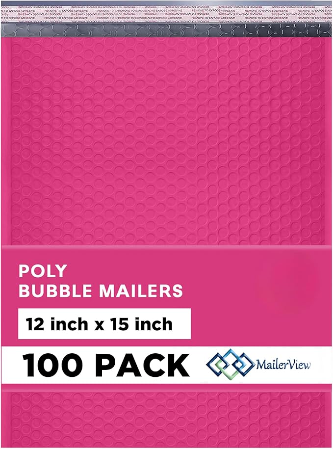 Hot Pink Large Poly Bubble Mailers 12x15 inch | Self Seal Padded Envelopes by MAILERVIEW