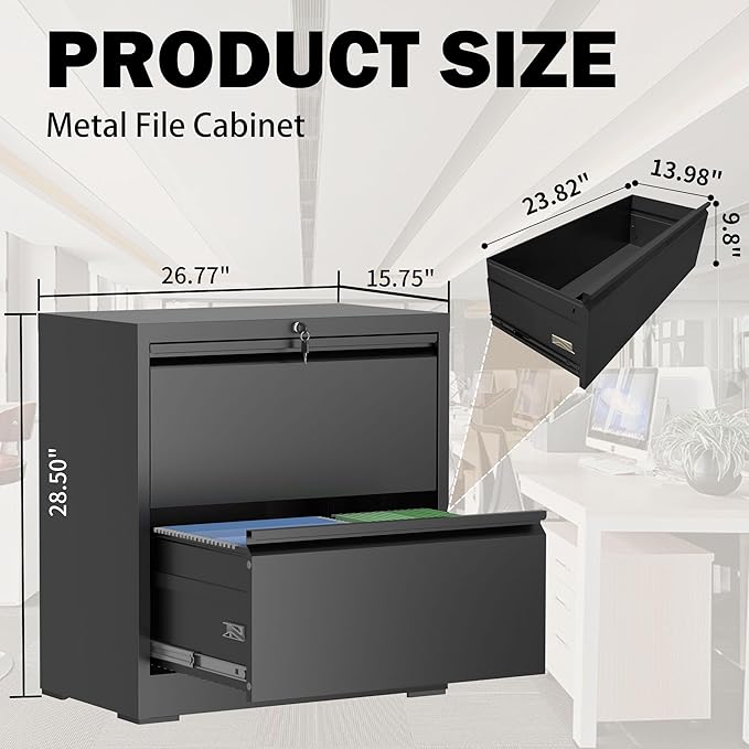 Lateral File Cabinet with Lock, 2 Drawer Filing Cabinet, Metal File Cabinets - Image 3