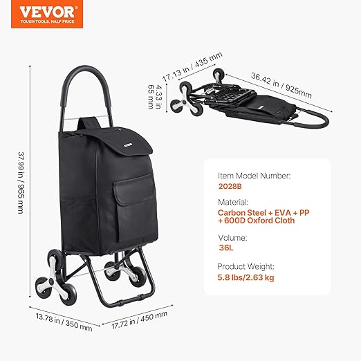 VEVOR Stair Climber Cart, 36L Capacity, Grocery Cart Laundry Stair Climbing - Image 7