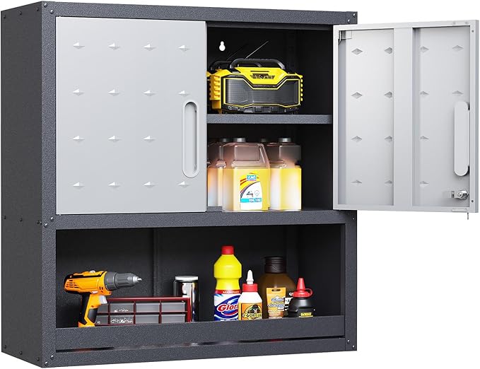 Wall Mounted Cabinet with Locking Doors, Open Shelf, Metal Hanging Garage - Image 8