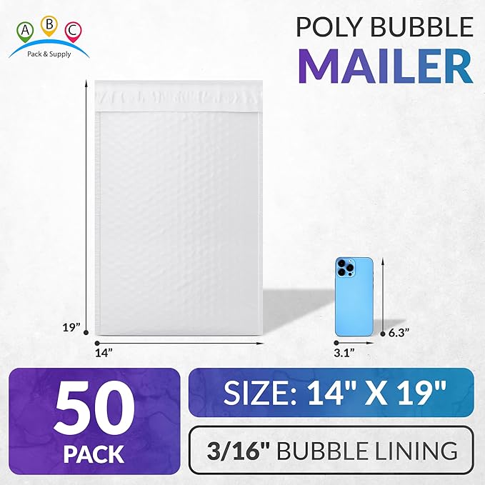 ABC PACK & SUPPLY Poly Bubble Mailers, 14 x 19 Inch. Pack of 50 White Padded - Image 2