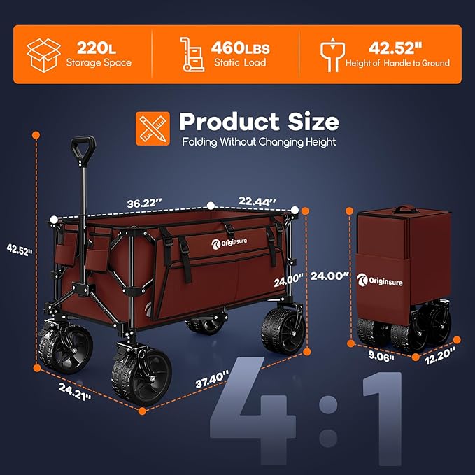 220L Collapsible Wagon Cart Foldable, 460lbs Load Capacity Heavy Duty Folding - Image 4