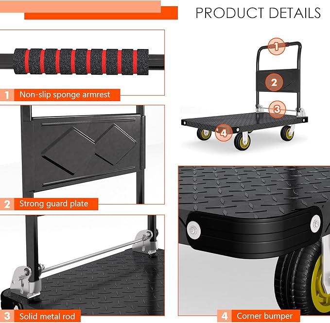 Platform Truck, Foldable Flatbed Cart Heavy Duty Push Cart Dolly Large Platform - Image 4