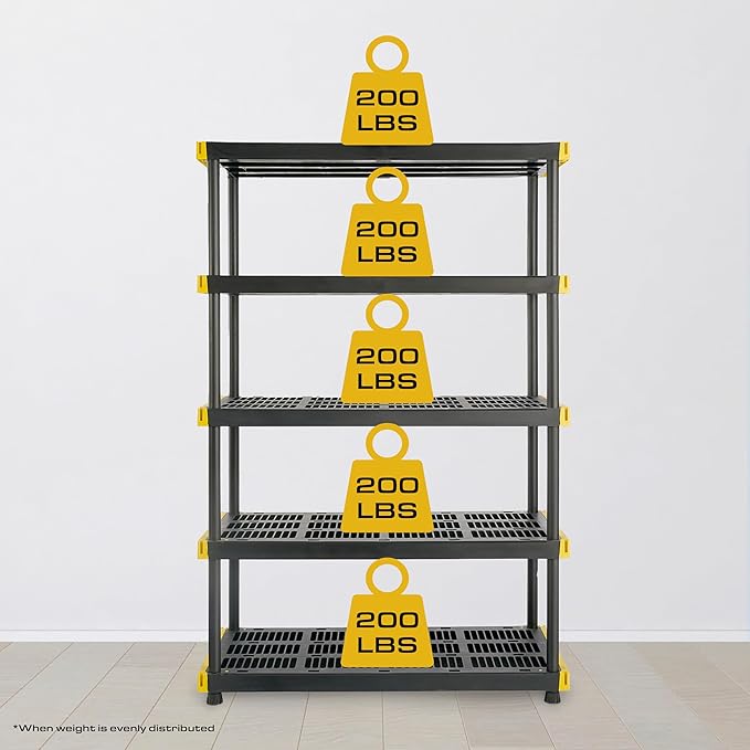 CX Black & Yellow, 5-Tier Heavy Duty Plastic Storage Shelving Unit, 200lbs/shelf - Image 4