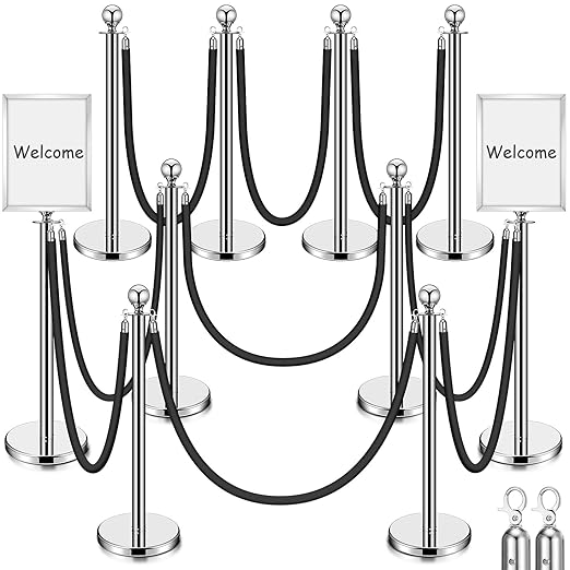 Blulu 8 Sets Stainless Steel Stanchion Set 8 Crowd Control Poles 7 Velvet Ropes by Blulu