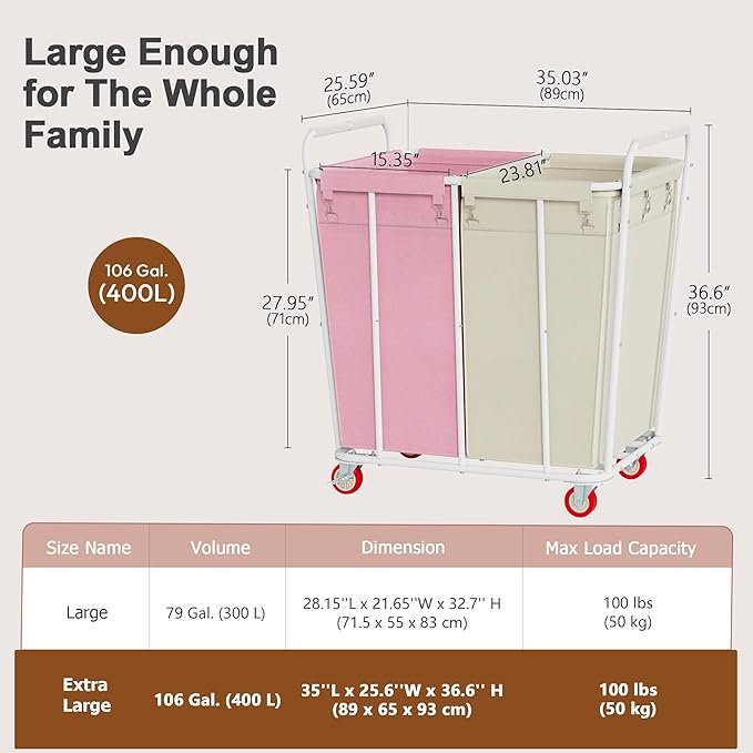 Hoctieon 2 Section Laundry Sorter Cart, 400L Rolling Hamper - Image 9