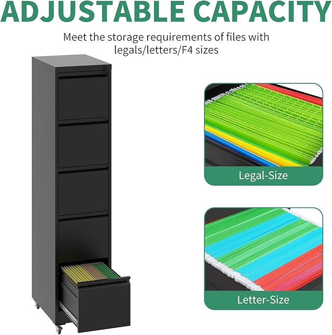 5 Drawer Mobile File Cabinet, Under Desk File Cabinet, Metal Filing Cabinets - Image 6