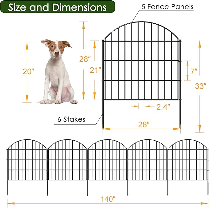 Metal Garden Fence 28in x 11.7ft, 5 Panels + 6 Stakes Rustproof Border Fence - Image 4