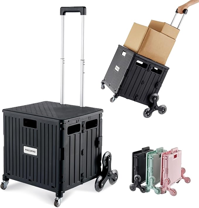 Foldable Utility Cart with Stair Climbing Wheels, Collapsible Rolling Crate by MACOPRO