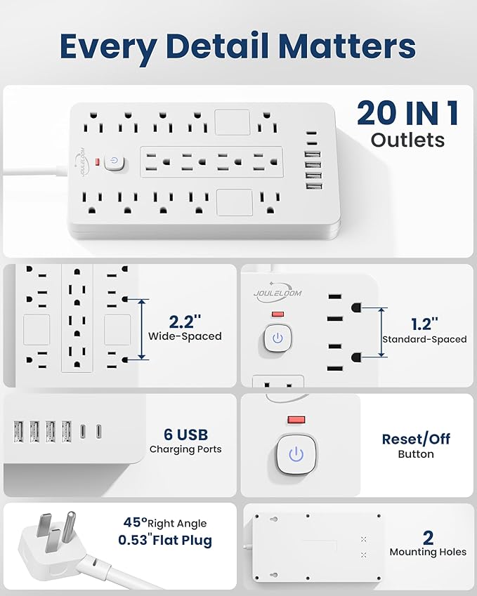 Surge Protector Power Strip-14 Outlets and 6 USB Ports, 6 Feet Flat Plug - Image 7