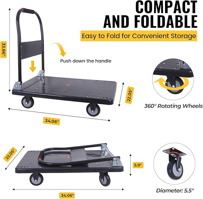 Hand Cart 660 lbs, Push Cart Dolly Black, Capacity Platform Truck Foldable - Image 2
