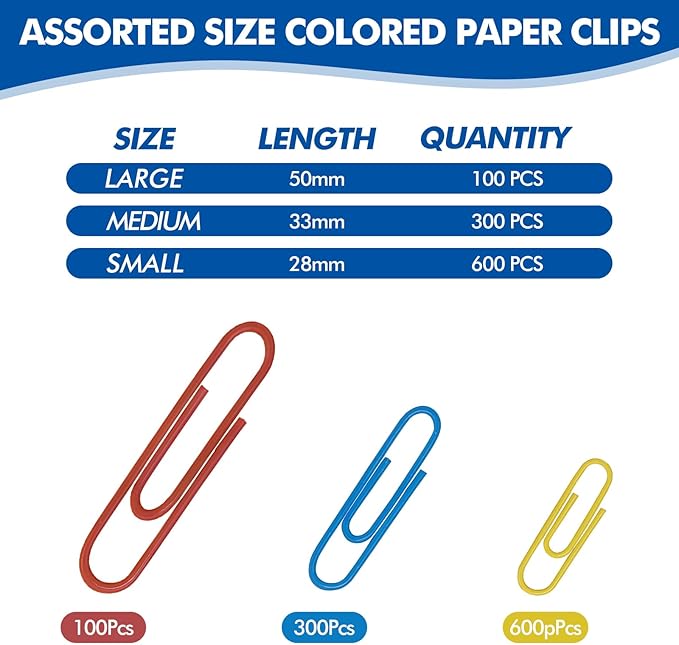 1000 Paper Clips Assorted Sizes, and Small Colored Paper Clips, Home - Image 2