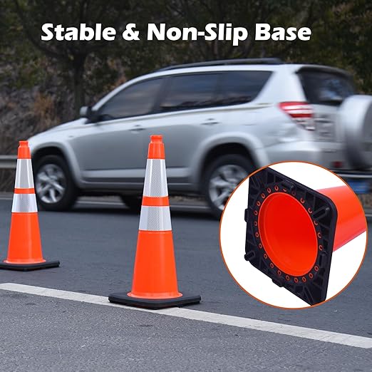 8 Pack 28 Inch Orange PVC Traffic Cones Black Base Stable Flexible, Road Safety - Image 3