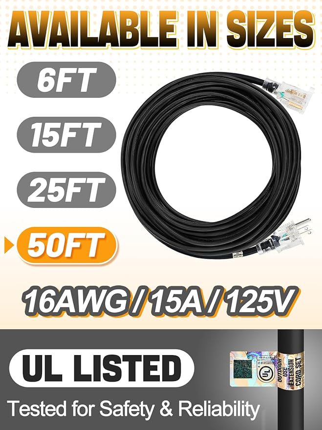 Lighted End Heavy Duty Outdoor Extension Cord Waterproof -16AWG, 3 Prong - Image 5