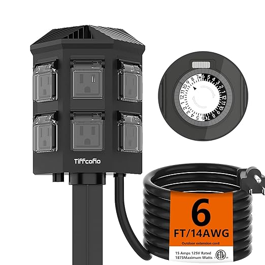TiFFCOFiO Outdoor Power Strip Waterproof, 24 Hour Mechanical Timer, 6 ft by TiFFCOFiO