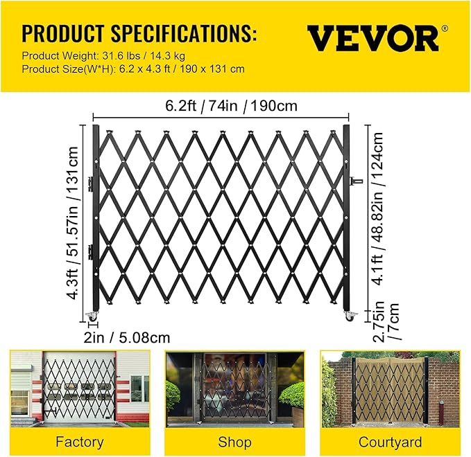VEVOR Single Folding Security Gate, 51.57" H x 74" W, Steel Accordion Door - Image 7