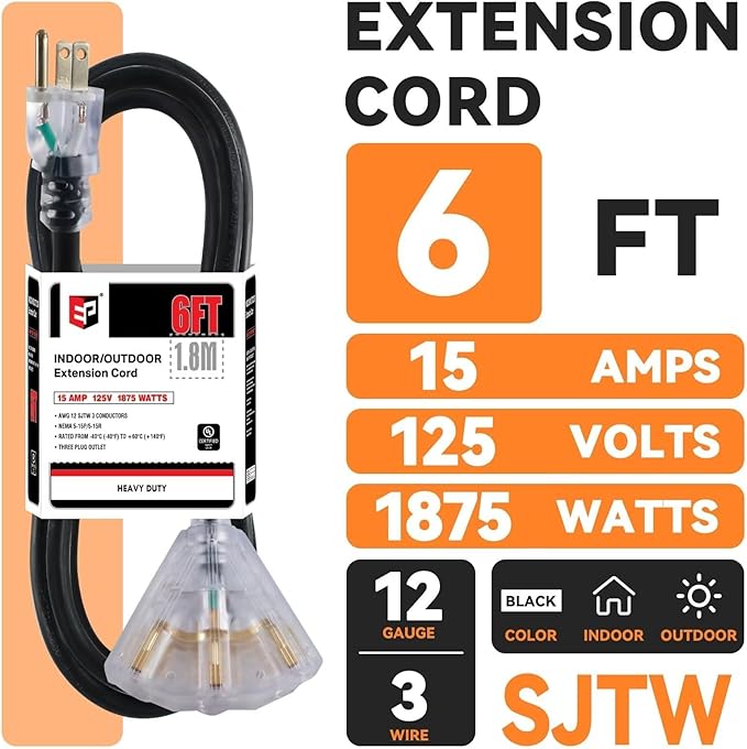 EP 6 Ft 12 Gauge Heavy Duty Extension Cord, 15A 125V 1875W, 3 Outlet - Image 2
