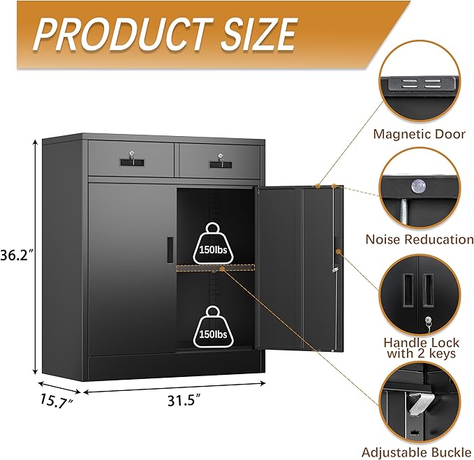 Metal Storage Cabinet with 2 Drawers and Shelves, Adjustable Shelf File Cabinet - Image 3