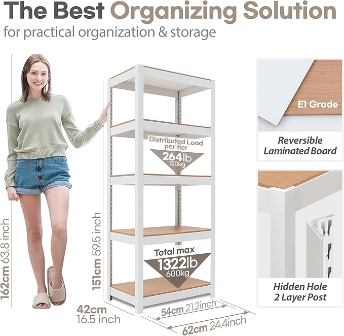 HOMEDANT House 5 Tier Laminated Metal Shelving Unit Adjustable Storage Utility - Image 2