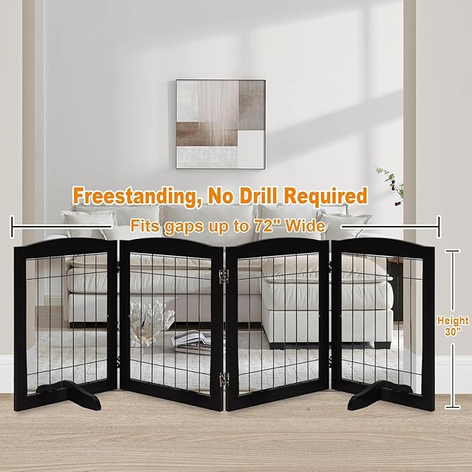 LZRS 4-Panel Freestanding Wooden Dog Gate—Extra Wide 30” Tall Foldable Pet - Image 2