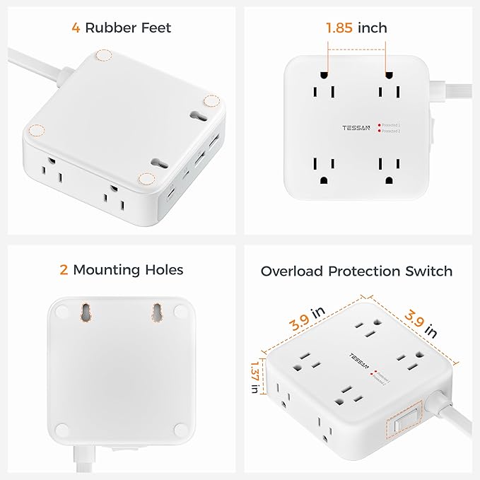 TESSAN Surge Protector Power Strip, 5 Ft Extension Cord Flat Wall Plug - Image 7