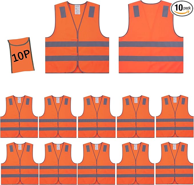 Orange Safety Vests 10 Pack, Reflective High Visibility Construction Working by SafetyClothing