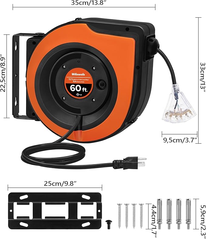 Retractable Cord Reel, 60 FT Heavy Duty Extension Cord, 12AWG/3C SJTOW - Image 5