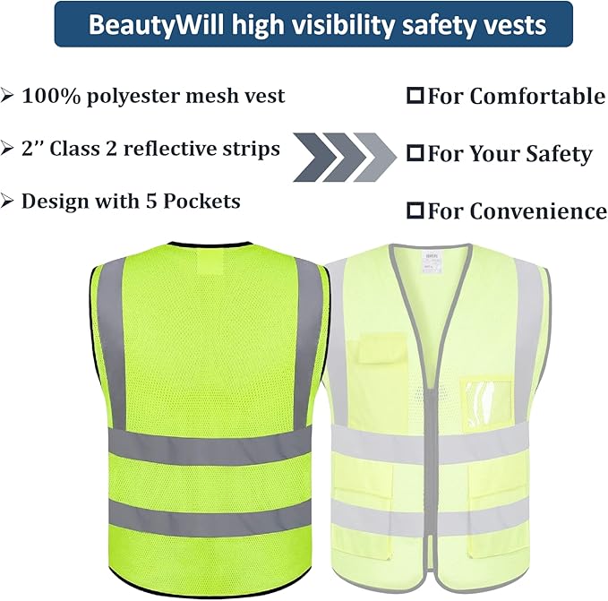 BeautyWill Custom Logo Safety Vest Class2 High Visibility Reflective Vest - Image 2