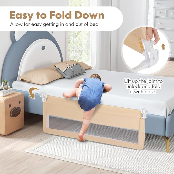 BABY JOY Bed Rails for Toddlers, Swing Down Bed Guard w/Safety Strap, Folding - Image 2