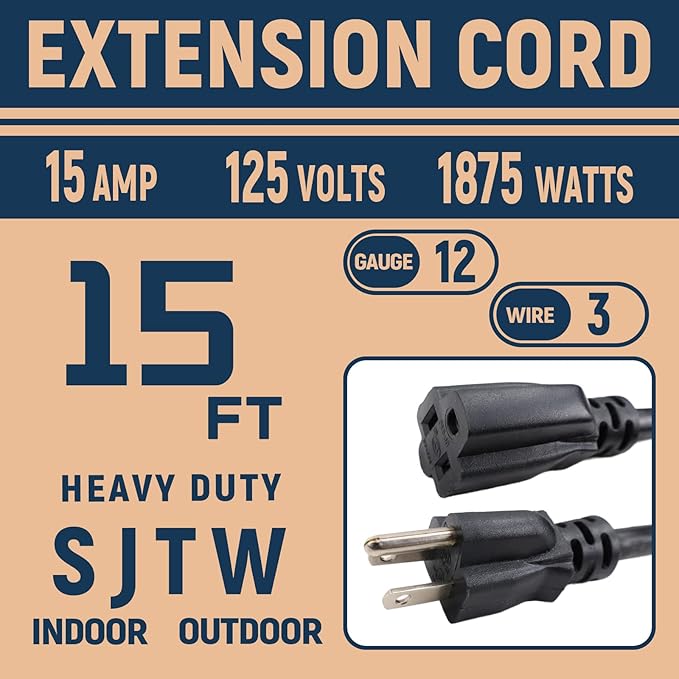 15 FT 12 Gauge Extension Cord Outdoor, Heavy Duty Weatherproof & Flame - Image 2