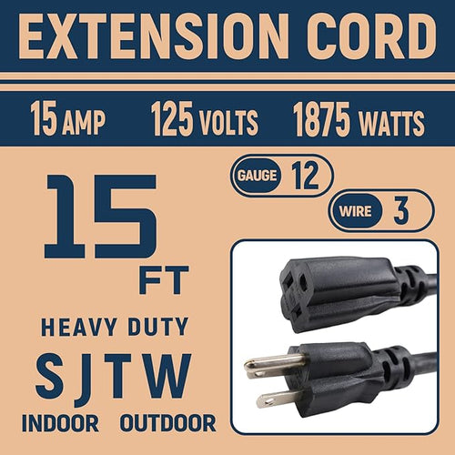 15 FT 12 Gauge Extension Cord Outdoor, Heavy Duty Weatherproof & Flame - Image 2