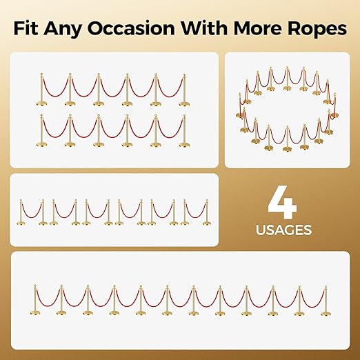 16pcs Sturdy Gold Stanchion Posts and 16pcs High Quality Red Carpet Velvet Ropes - Image 3