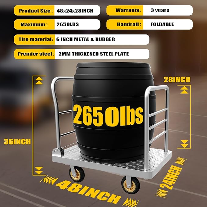 2IN1 48"×24" Platform Truck Cart 2650lbs Heavy Duty Flatbed Cart Dolly - Image 3