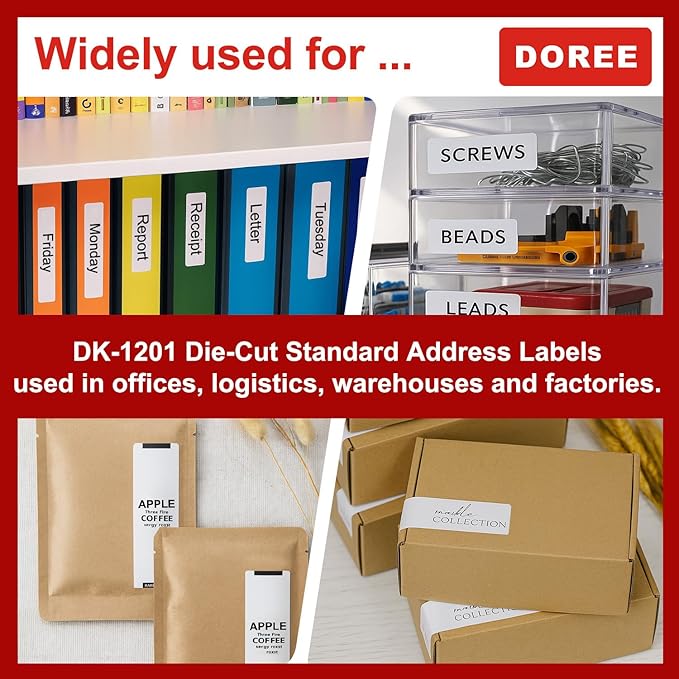 DOREE 10 Rolls DK1201 Die-Cut Standard Address Labels 1.14"x3.5" Black on White - Image 6