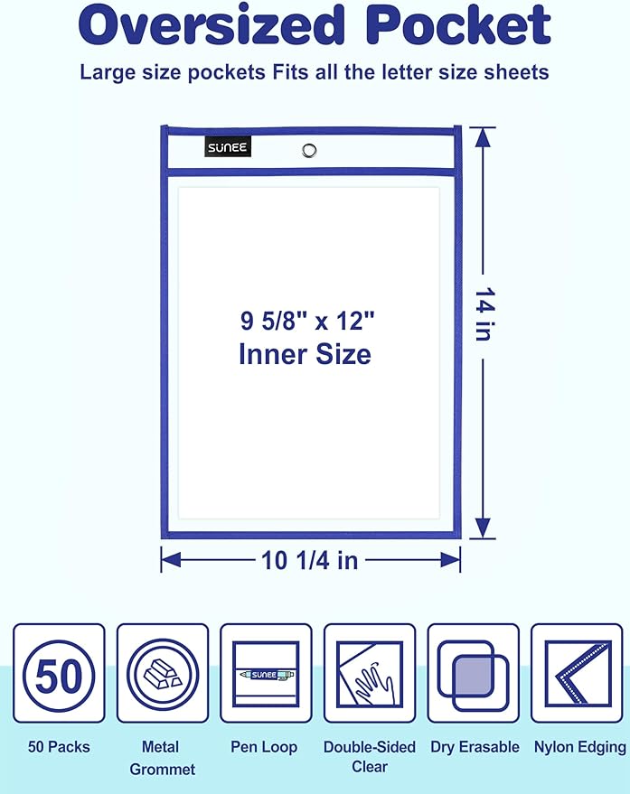SUNEE 50 Packs Oversized Reusable Dry Erase Pocket Sleeves - Image 2