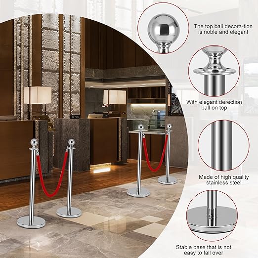 6 PCS Stainless Steel Stanchion Post, 5Ft Red Velvet Rope, Hollow Base and - Image 5