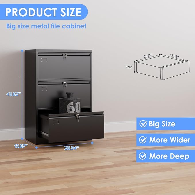 Aobabo 3 Drawer Wide Lateral File Cabinet, Metal Filing Cabinet - Image 3