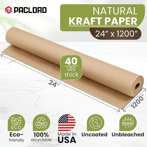 24" x 1200" Natural Kraft Paper Roll – USA Made Non-Toxic, 100% Recyclable - Image 2