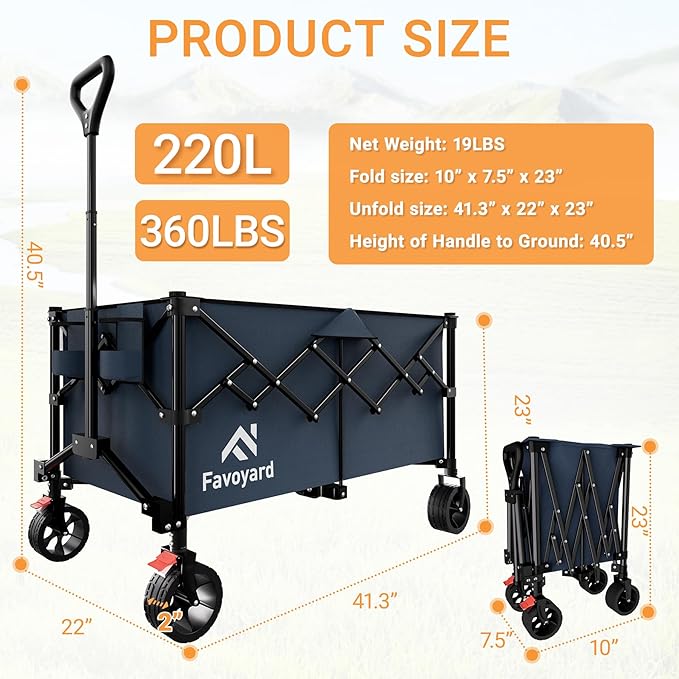 Favoyard Extra Large Collapsible Wagon Carts Foldable 360LBS Heavy Duty Beach - Image 7