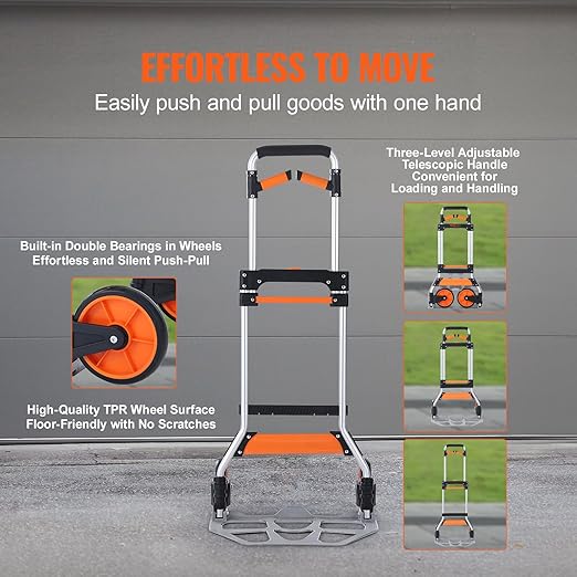 VEVOR Folding Hand Truck and Dolly, 309 Lbs Capacity, Aluminum Foldable Cart - Image 3