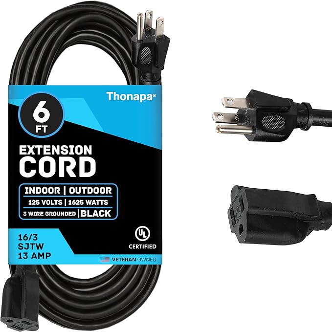 13 Amp Outdoor Extension Cord 6 ft, 16/3 SJTW 6 Foot Black Extension Cord 3 by Thonapa