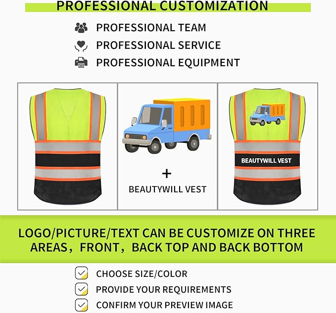 BeautyWill Custom Logo Safety Vest Class2 High Visibility Reflective Vest - Image 4