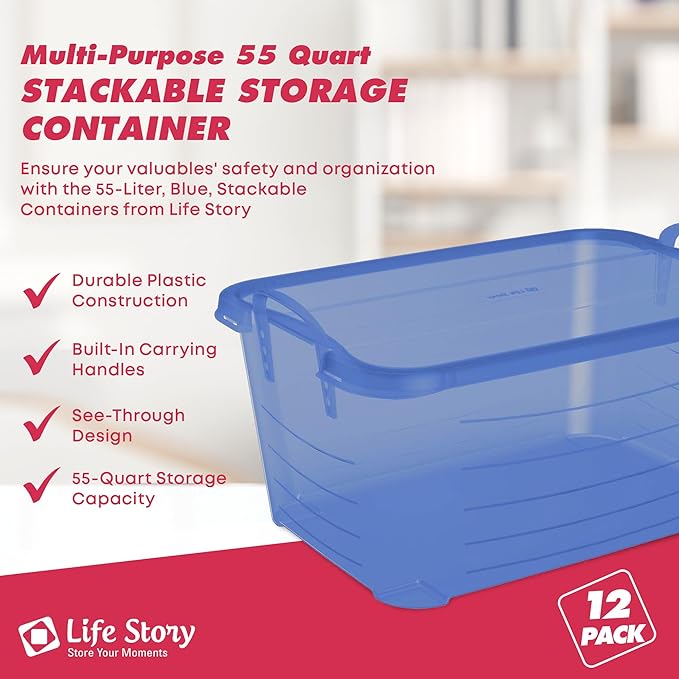 Life Story 12 Pack Light Duty Stackable Storage Bin, 55 Quart Home Organizer - Image 2