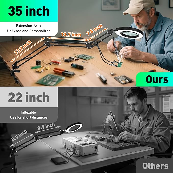 12X Magnifying Glass with Light and Clamp, Ultra Long 3-Section Arm LED Lighted - Image 4