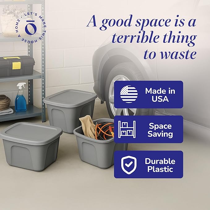 HOMZ 4-Pack Durable Molded Bin, Plastic Storage Containers w/Lids, 10 Gallon - Image 5
