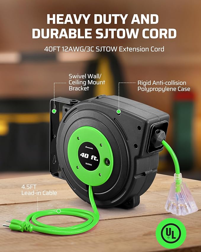 DEWENWILS Retractable Extension Cord Reel, 40 FT Heavy Duty Power Cord - Image 2