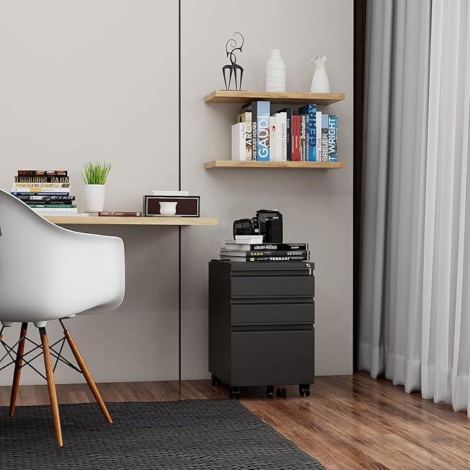 3 Drawer File Cabinet with Wheels, Metal Filing Cabinet with Lock, Office - Image 8