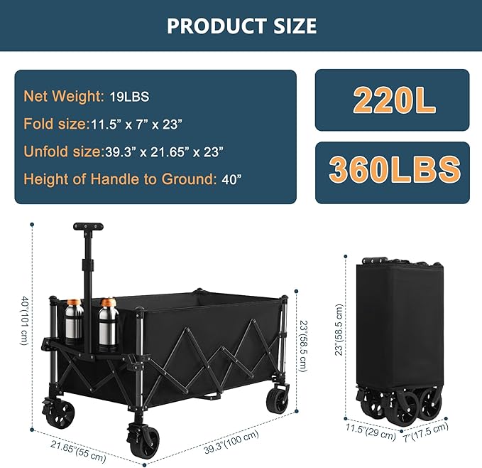 Favoyard Extra Large Collapsible Wagon Carts Foldable 220L & 360LBS Portable - Image 6