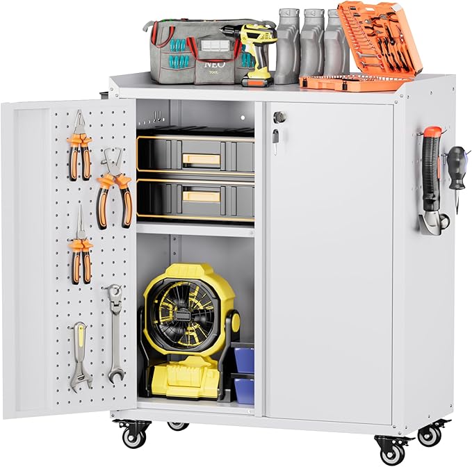 Metal Tool Cabinet with Pegboard and Hooks, Garage Storage Cabinet with Wheels by REEMOON