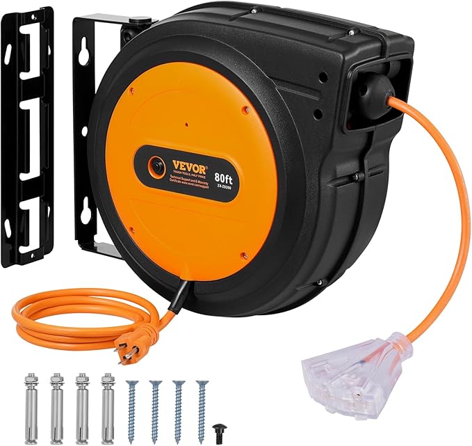 VEVOR Retractable Extension Cord Reel, 80 FT, Heavy Duty 12AWG/3C SJTOW by VEVOR